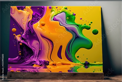 a painting of a multicolored liquid flow with a white background and a black frame on the wall.