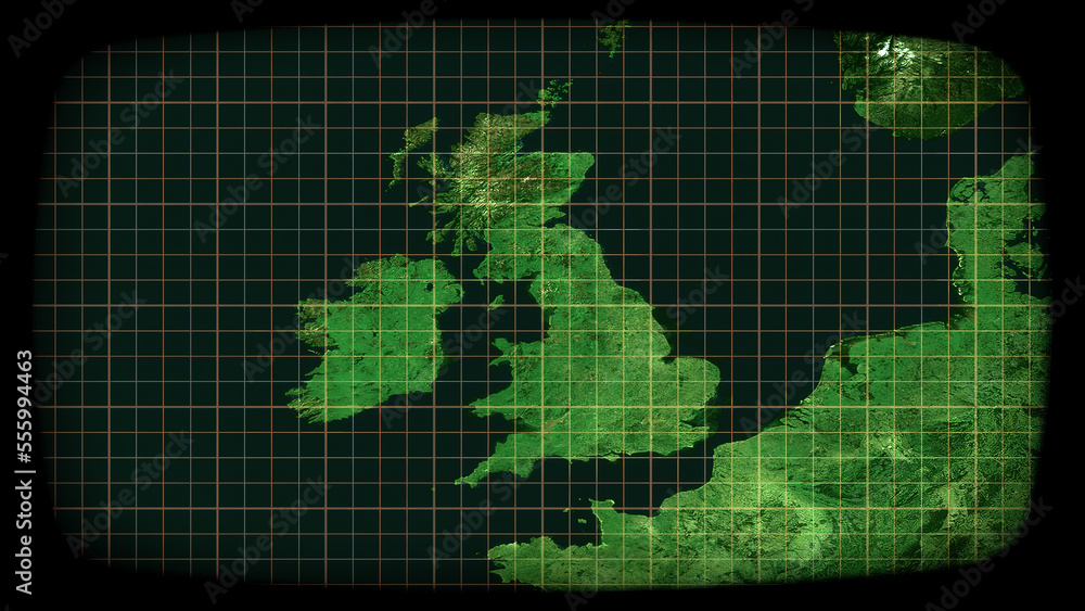 Fototapeta premium Intentional distortion: an old color CRT TV monitor, showing a static satellite view of the UK (United Kingdom) in Europe. Concepts: surveillance, global communications, old-timey spy story. 
