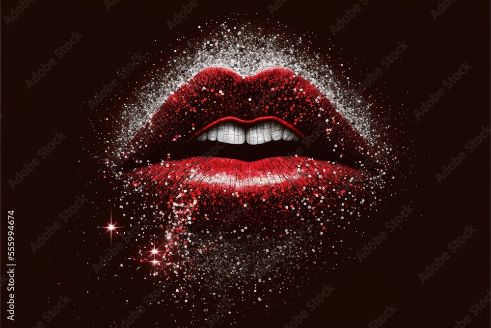 Obraz premium Seductive female full lips. Fashionable and luxury lip professional make up. Dark side of human behavior. Young girl's lips. Glitter and gold