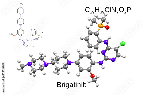 Chemical formula, skeletal formula and 3D ball-and-stick model of a chemotherapeutic drug brigatinib