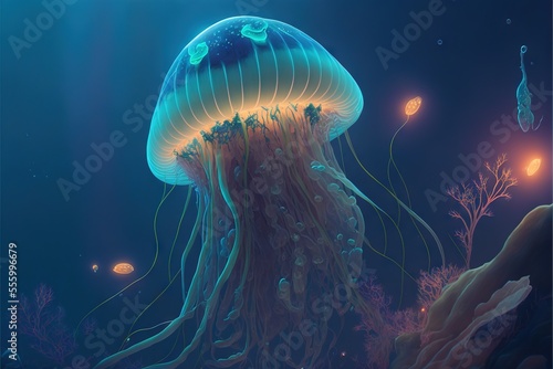 a jellyfish in the ocean with a lot of bubbles and algaes around it's head and body.