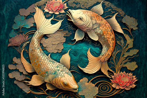 lucky koi fish in the lotus pond, 2023 chinese new year and spring festival, poster and greeting card template, May you have abundance every year (nian nian you yu), generative AI