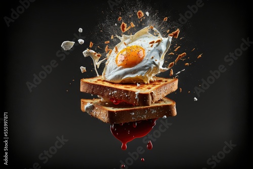 a fried egg is on top of a piece of toast with syrup and spilled eggs on it.