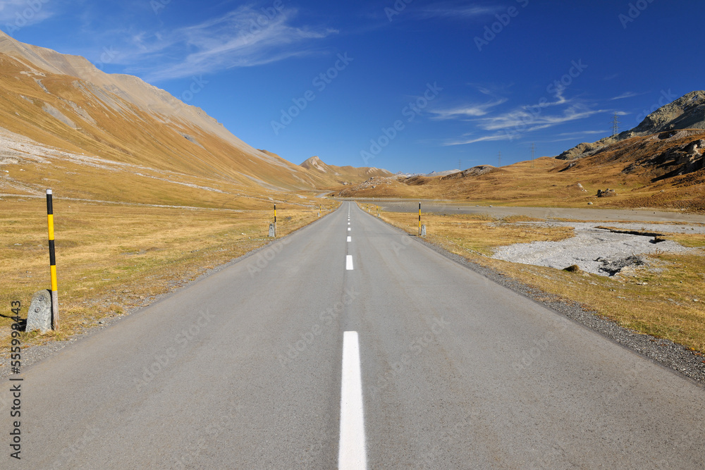 Road, Alp Nova, Albula Pass, Canton of Graubunden, Switzerland Road, Alp Nova, Albula Pass, Canton of Graubunden, Switzerland