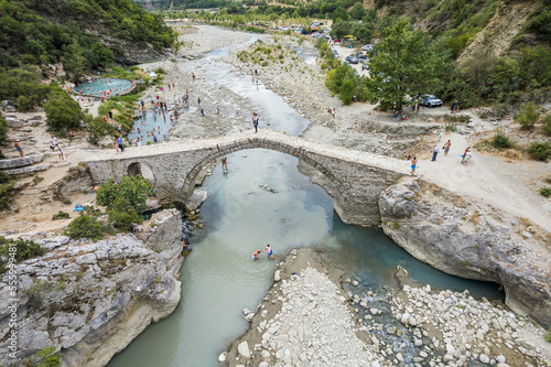 Aerial view of thermal springs in Canyon Langarica in Albania, Europe, Summer 2022