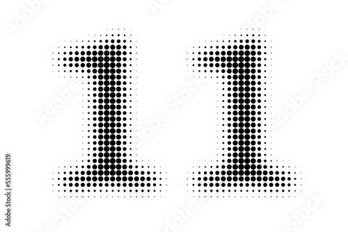 Number 11 Halftone. Pop art style. Halftone dotted backdrop. Design for web banners, wallpaper,sites vector illustration. Abstract Halftone Dotted Number.