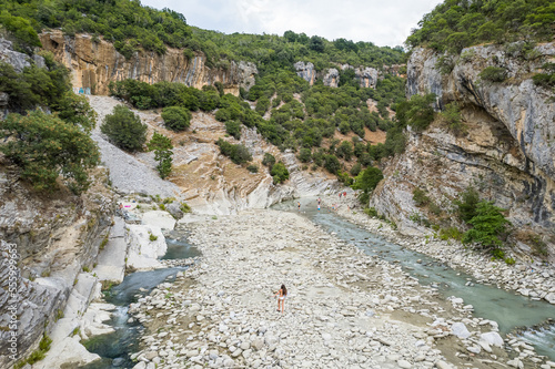 Aerial view of thermal springs in Canyon Langarica in Albania, Europe, Summer 2022