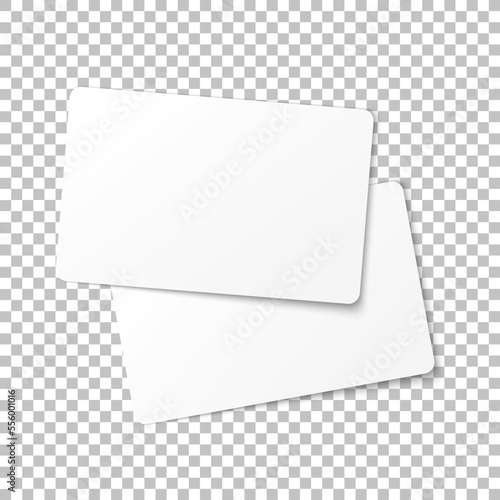 Top view of two realistic business cards mockup. Blank visit cards on transparent background. Design concept. Vector illustration