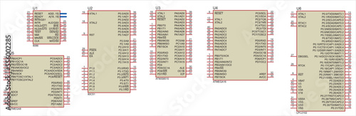 Conditional graphic designations of microcontroller chips. Vector icons of electronic components of an electrical circuit.