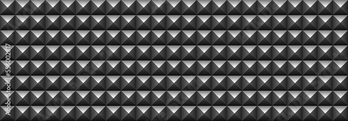 Black soundproofing wall texture. Gray sound proof foam pyramid seamless pattern. Music studio dark background. Realistic blogger podcast room interior. Soft foam tile for radio station. Record panel