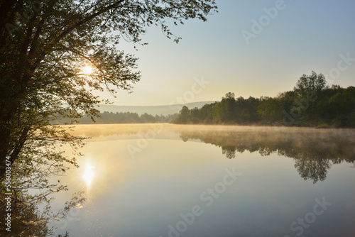 Lake at Sunrise in the Spring, Mondfeld, Mainfranken, Franconia, Baden Wurttemberg, Germany photo