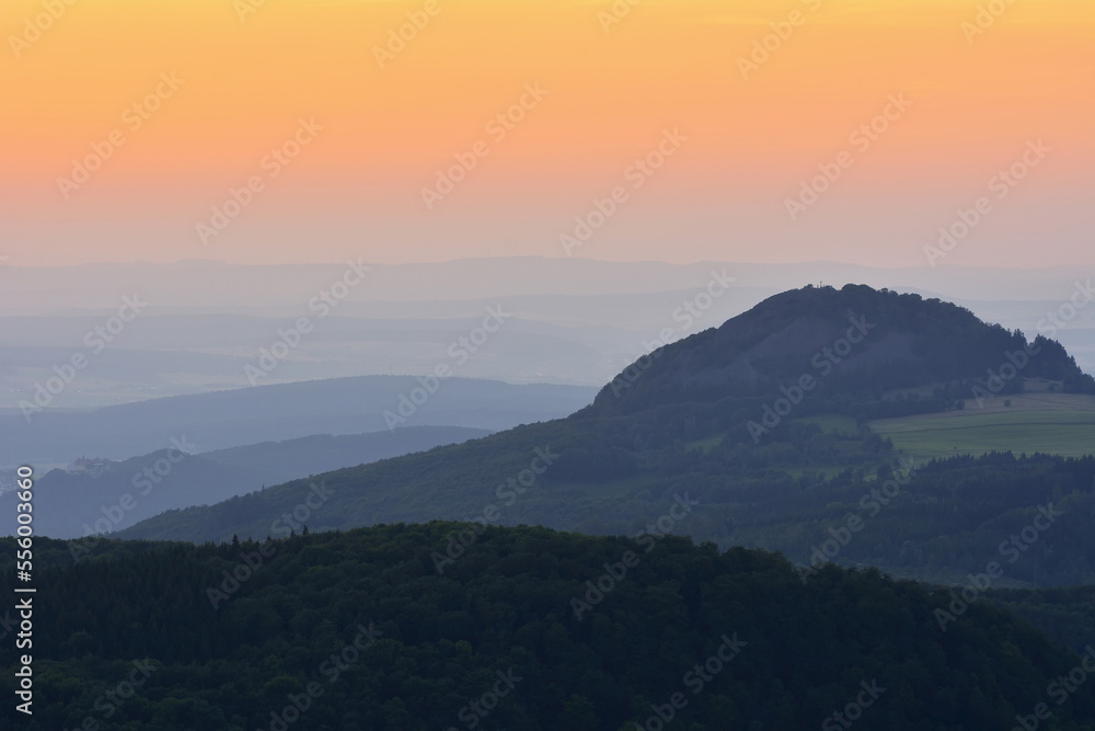 Low Mountain Landscape at Dusk with Milseburg, Abtsrodaer Kuppe, Wasserkuppe, Poppenhausen, Rhon Mountain Range, Hesse, Germany Low Mountain Landscape at Dusk with Milseburg, Abtsrodaer Kuppe, Wasserkuppe, Poppenhausen, Rhon Mountain Range, Hesse, Germany