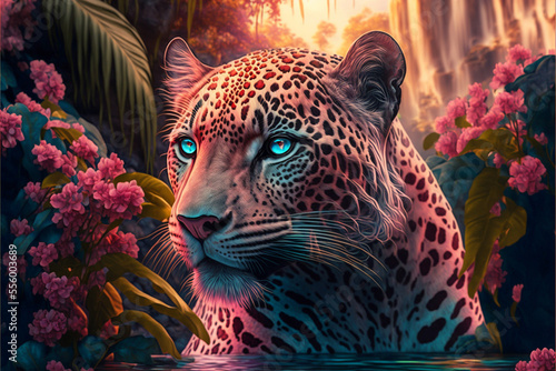 Mystical pink fantasy jaguar with blue eyes in tropical jungle