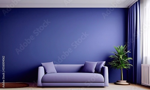 Blue modern living room with empty wall for mockup 3d render