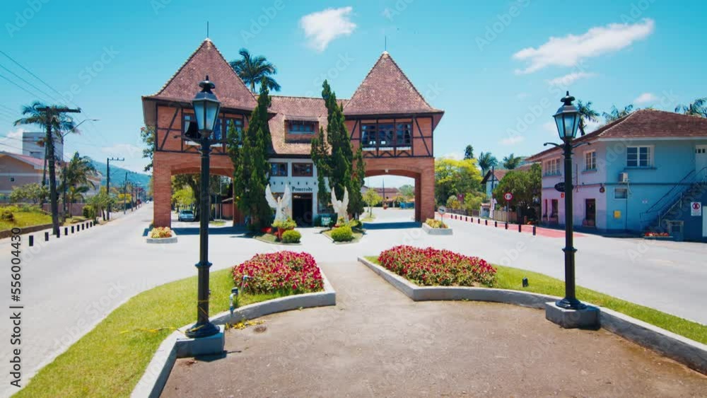 Town of Pomerode in Brazil. Main gate of Brazilian town of Pomerode during sunny day Town of Pomerode in Brazil. Main gate of Brazilian town of Pomerode during sunny day