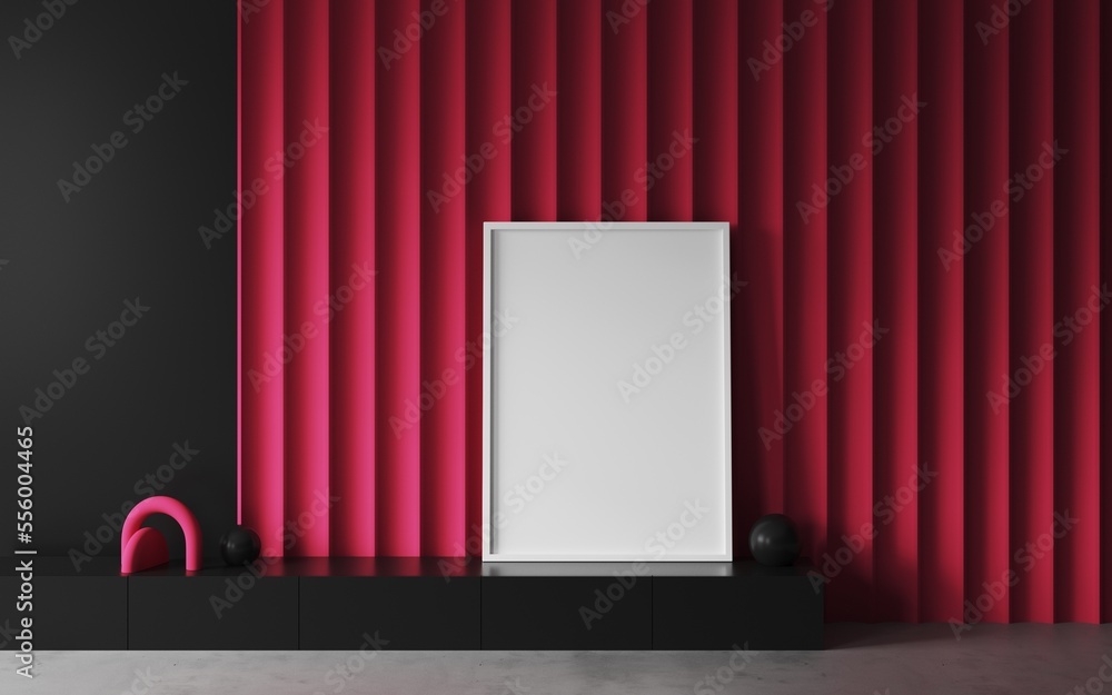 White painted frame mockup close up on black cabinet. Viva magenta paneling on the wall, white blank frame mock up for art. Decorative wall with embossed panels. 2023 pantone colour wall. 3d render White painted frame mockup close up on black cabinet. Viva magenta paneling on the wall, white blank frame mock up for art. Decorative wall with embossed panels. 2023 pantone colour wall. 3d render