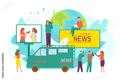 Breaking news from reporter journalist, flat tv camera vector illustration. Journalist work for press media concept, man woman character