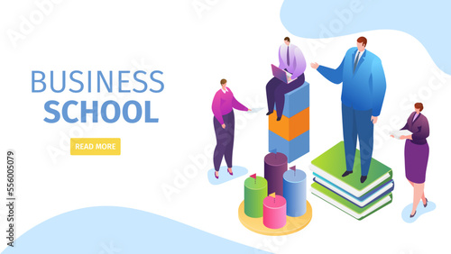 Business school, web isometry page vector illustration. People man woman character get education, flat knowledge technology.