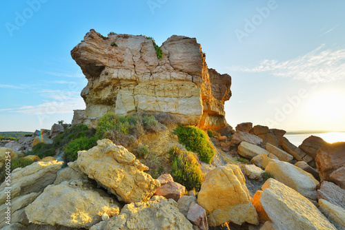 Rocky Coast with Sun in Summer, La Couronne, Martigues, Cote Bleue, Mediterranean Sea, Provence-Alpes-Cote d'Azur, Bouches du Rhone, France photo