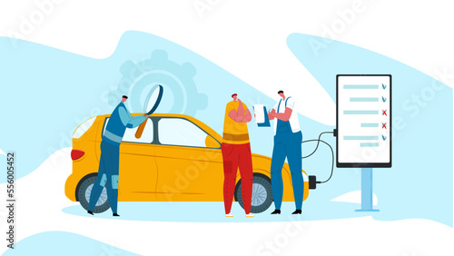 Car failure diagnosis, vehicle technician workshop vector illustration. Mechanic transport maintenance in garage, auto inspection and engine check.