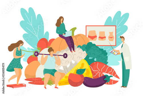 Doctor develop healthy diet, nutritionist show food meal for woman weight loss, vector illustration. Flat consultation for nutrition plan