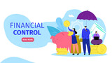 Financial control, business money strategy vector illustration. Bank consultant character for flat financial work, web page banner.