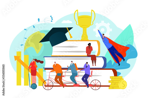 Mba education in flat business college university, vector illustration. Man woman people character study at school, course for success graduation
