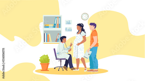 Mother plan flat pregnant, vector illustration. Pregnancy planning for woman man character family concept website. Motherhood care