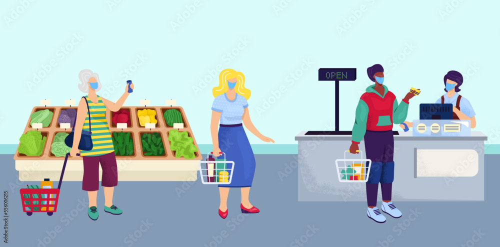 Social distance in supermarket, vector illustration. People protection from coronavirus disease in store, virus prevention in grocery queue.