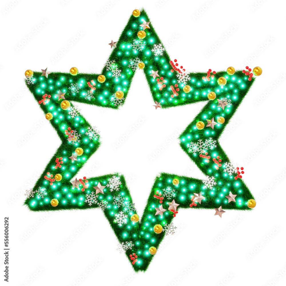 Obraz premium Beautiful christmas graphic element of sparkling illumination on star shaped pine with snowflake and shiny stars and red berries on transparent background (RGBA 3D Rendering PNG)