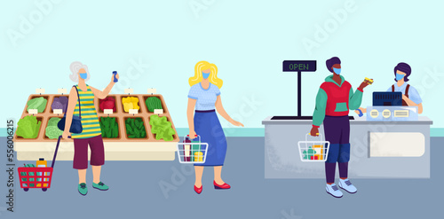 Social distance in supermarket  vector illustration. People protection from coronavirus disease in store  virus prevention in grocery queue.
