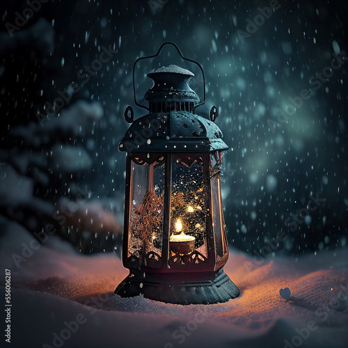 christmas lantern in the snow generated with I.A technology