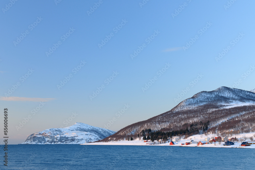 Winter Scene Norway, Vasstrand, Sorfjorden,Tromso, Troms, Norway Winter Scene Norway, Vasstrand, Sorfjorden,Tromso, Troms, Norway