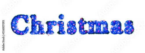 Beautiful christmas graphic element of sparkling illumination on text Christmas made of pine with snowflake and shiny stars and red berries on transparent background (RGBA 3D Rendering PNG) photo