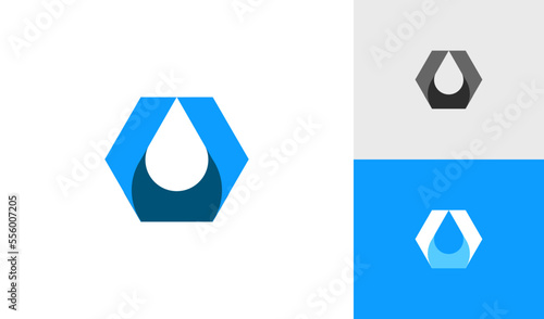 Water drop or oil drop logo with 3D hexagon