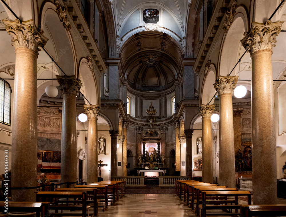 Interior of the Catholic church of San Sepolcro, originally built in 12th century, in Romanesque style, part of the Ambrosian Library, Milan city center, Lombardy region, Italy