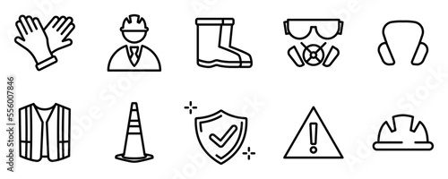 Conjunto de iconos de equipo de protección para trabajo de construcción. Seguridad y protección. Guantes, botas, casco, chaleco, cono, alerta. Ilustración vectorial