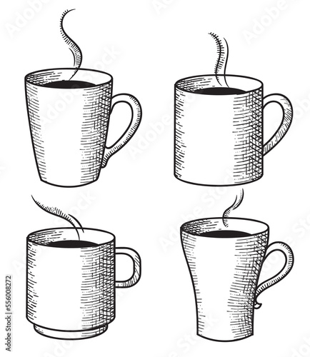 Set of illustration of coffee and cups. Cup of coffee, latte, cappuccino and tea drawn in vintage style. Hand drawn engraving style. Cups isolated on transparent background, PNG