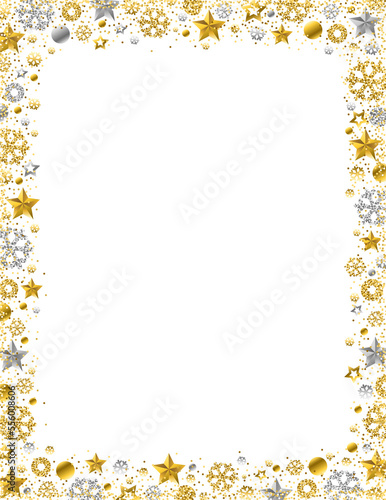 Christmas card with  border of golden and silver glittering snowflakes and stars, transparent background, PNG