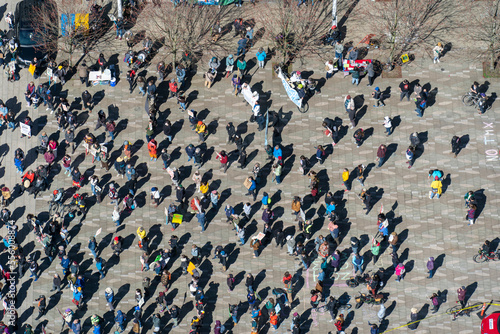 Looking down from above at protesters at a rally