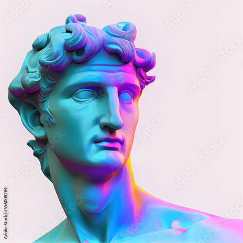 Illustration of a vaporwave sculpture of Davisd by Michelangelo face in bright pink and cyan neon pop colours.   © Michael