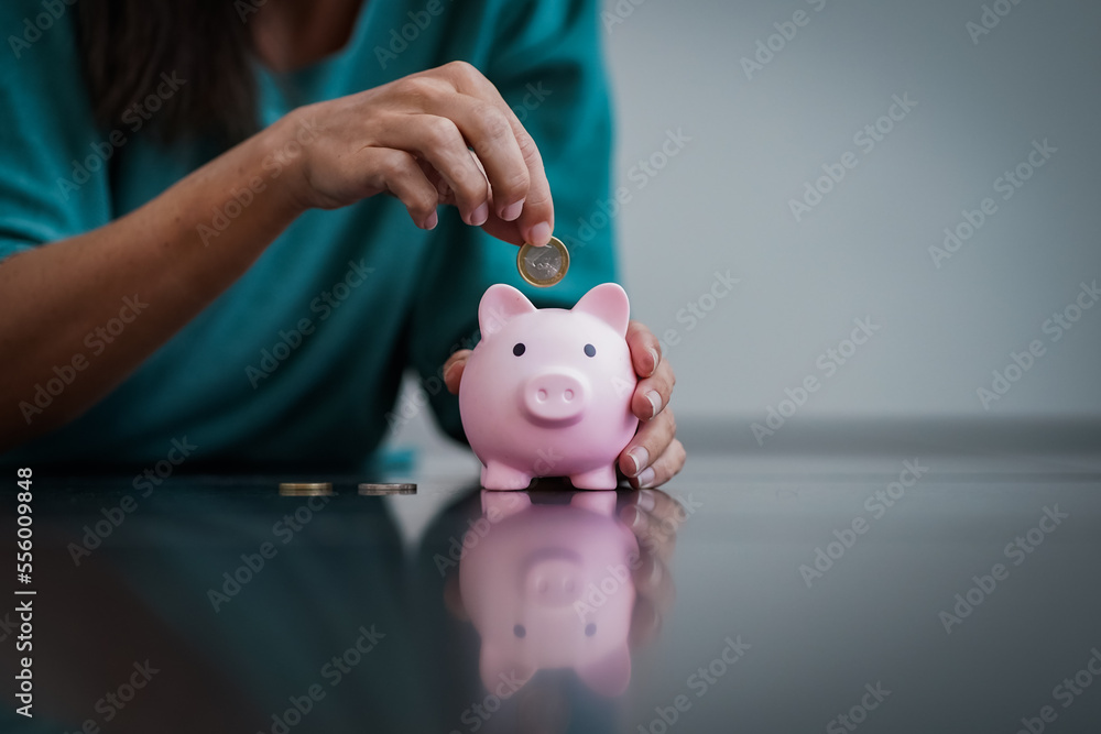 closeup of a womans hand & arm putting 1 Euro into a pink piggy saving bank on a reflecting floor for good luck and saving money in the economic crisis closeup of a womans hand & arm putting 1 Euro into a pink piggy saving bank on a reflecting floor for good luck and saving money in the economic crisis