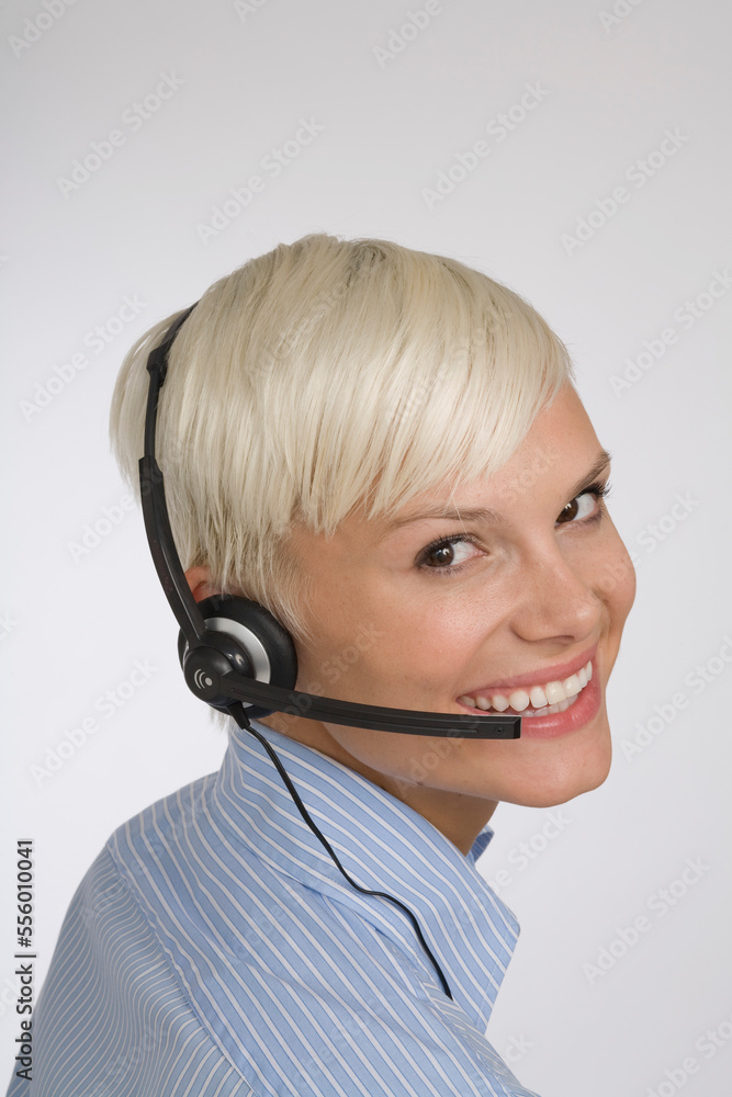 Portrait of Woman wearing Telephone Headset Portrait of Woman wearing Telephone Headset