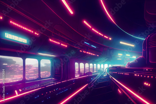 Space station  spaceship interior with neon lights  made with Generative AI