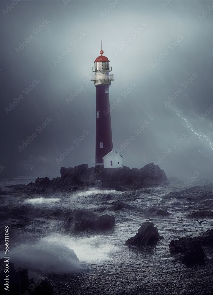 Storm with big waves over the lighthouse at the ocean coast ,made with Generative AI