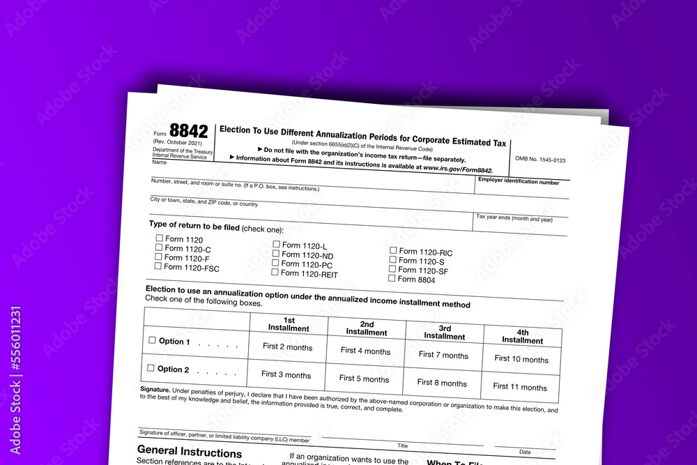 Fototapeta premium Form 8842 documentation published IRS USA 44238. American tax document on colored
