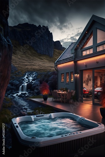 A luxury back garden that has a jacuzzi located in Iceland.