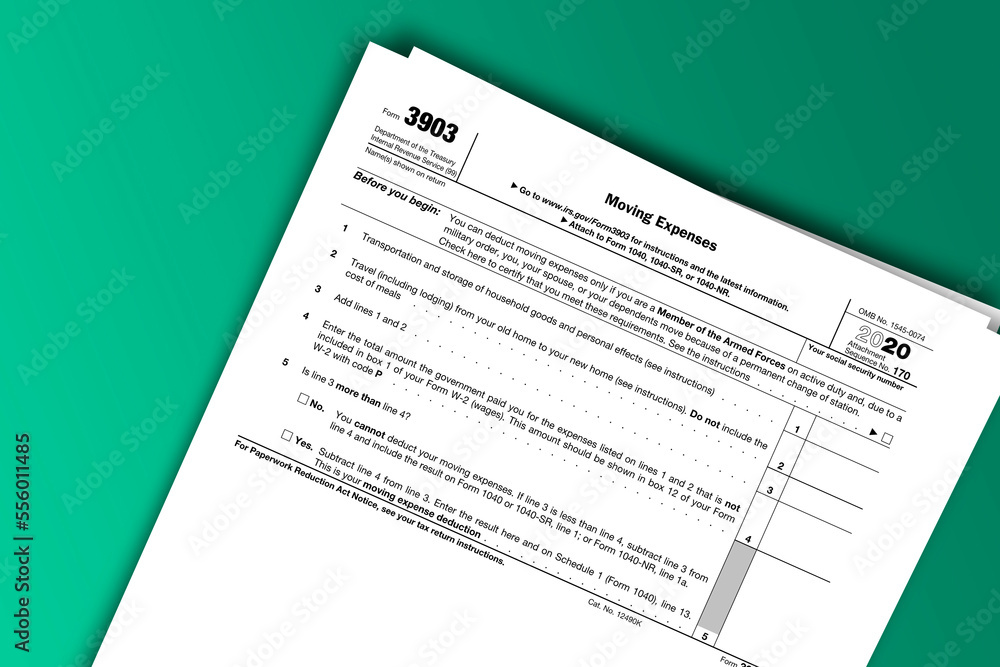 Form 3903 documentation published IRS USA 44053. American tax document on colored Form 3903 documentation published IRS USA 44053. American tax document on colored