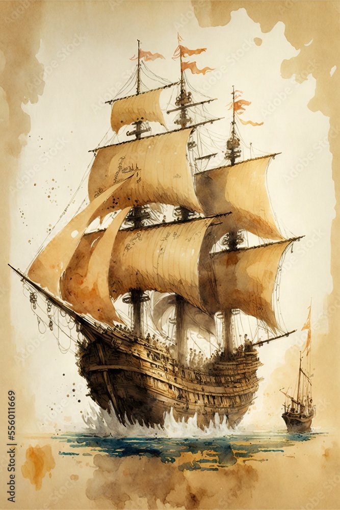 A watercolor sketch of an ancient pirate ship on tan paper. Stock  Illustration | Adobe Stock