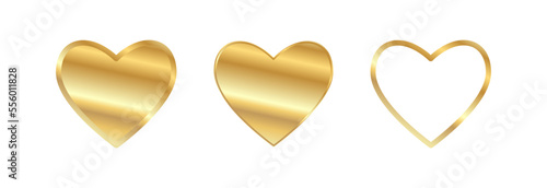 Golden heart in three different variations on a white background.